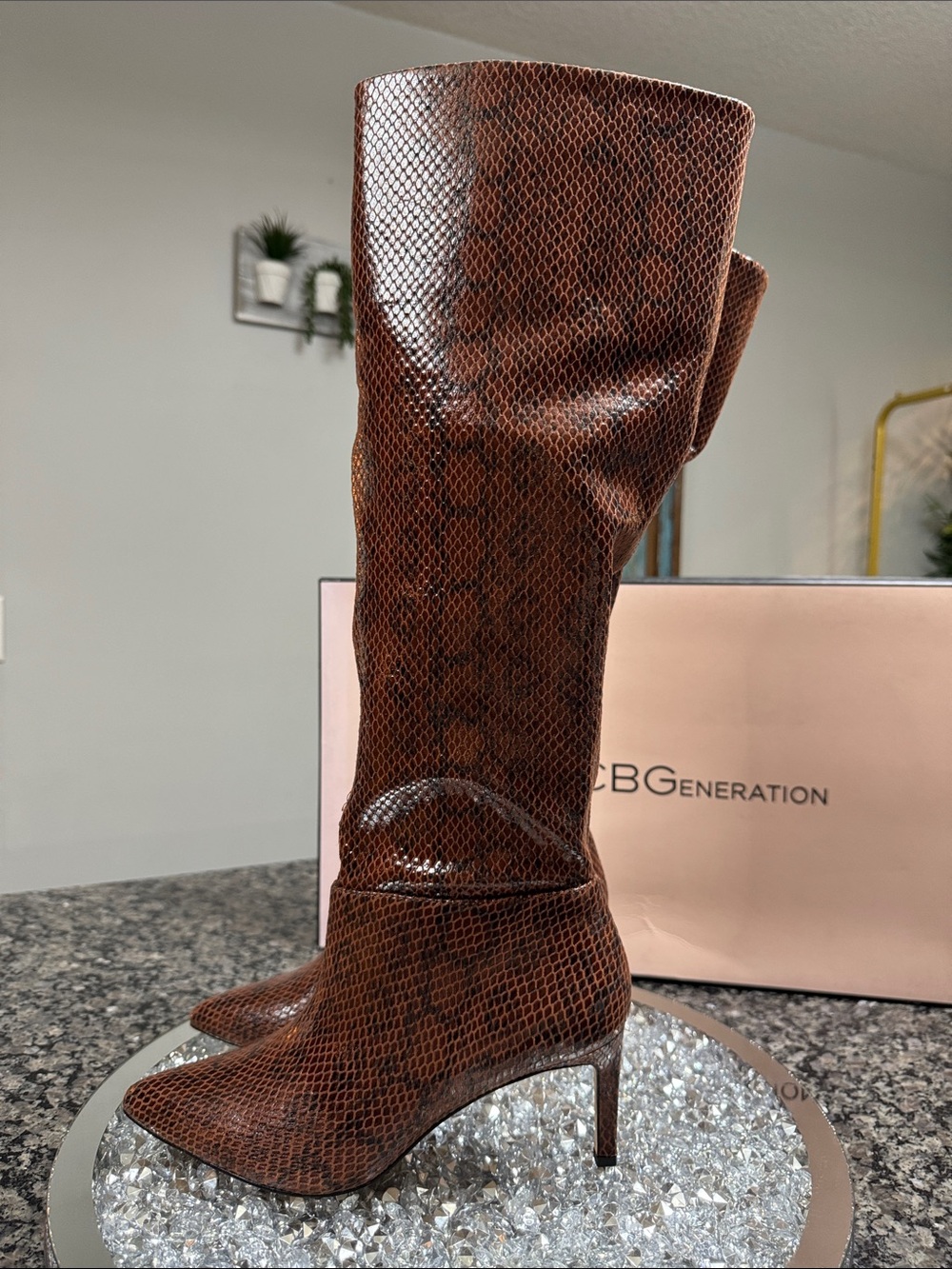 BCBGeneration Marli Brown sock like snakeskin Over-the-Knee Pointed Toe Boots